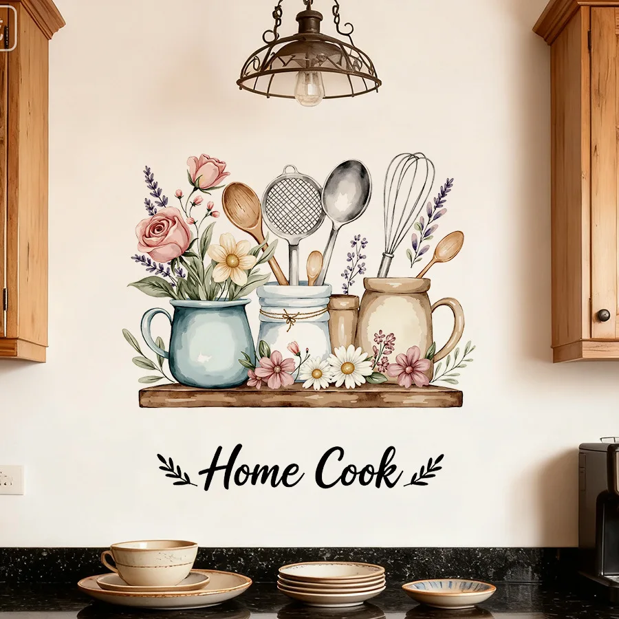 Küchenutensilien-Wandaufkleber, Abzieh- und Aufkleb-Vinyl-Sticker, Frau kocht mit Blumenmotiv und Küchengeräten für Esszimmer und Restaurant