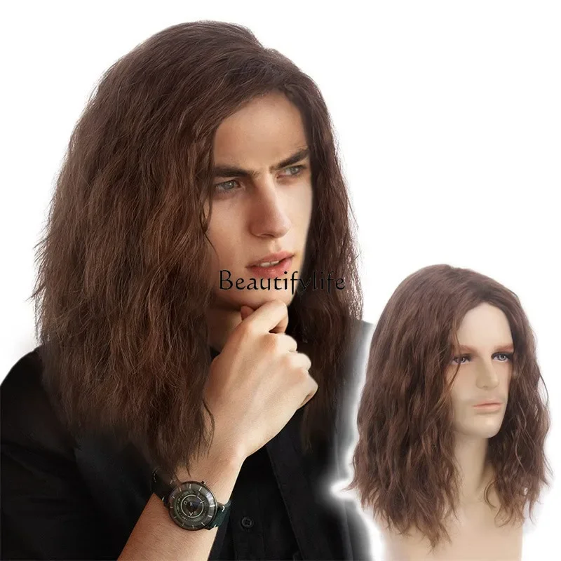 Wig men shoulder length curly hair handsome corn perm European and American fashion chemical fiber full head cover