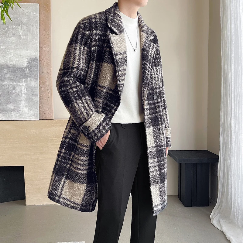 PFHQ Winter Cotton Thickened Medium Long Plaid Men Woolen Coat 2024 Long Sleeve Single Breast Male Tops Korea Fashion 21Z6551