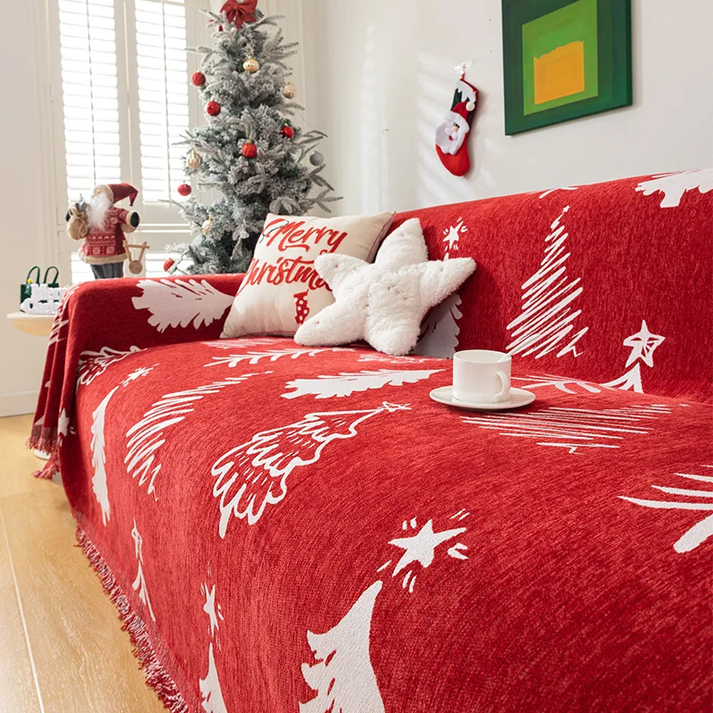 Christmas Sofa Towel Holiday Home Living Room Decoration Sofa Cover Towel Red Festive Double-sided Usable Cover Cloth