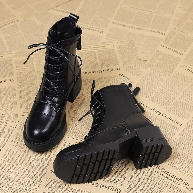 2024 New Fashion Solid Color Round Toe Lace-Up Thick Heel Women's Boots Back Zipper Fashion Boots Casual Zapatos De Mujer image 3