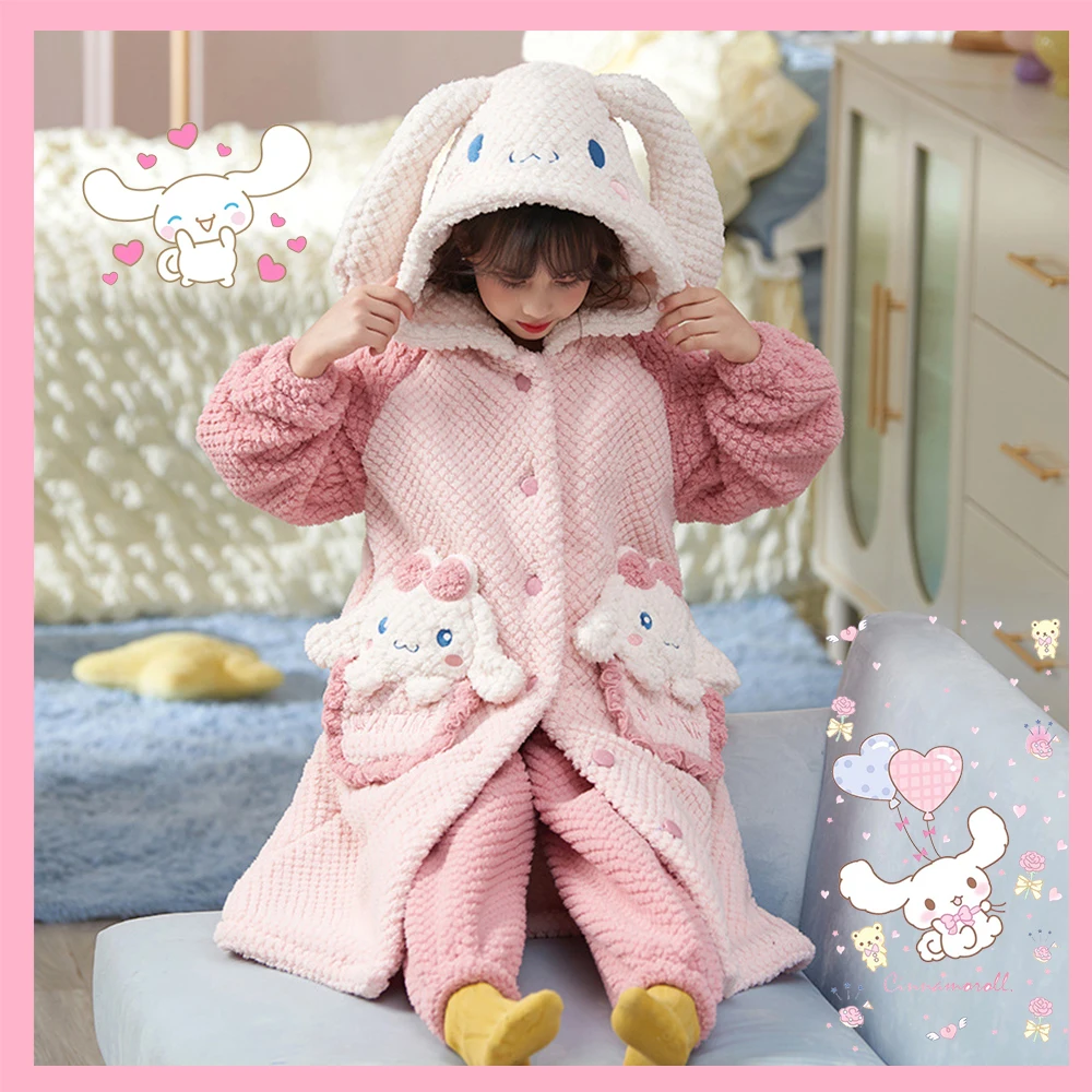 Sanrioed Winter Anime Hello Kitty Children\'s Plush Pajamas Robe Warm Thicken Cartoon Home Wear Cinnamoroll Melody Kawaii Girl