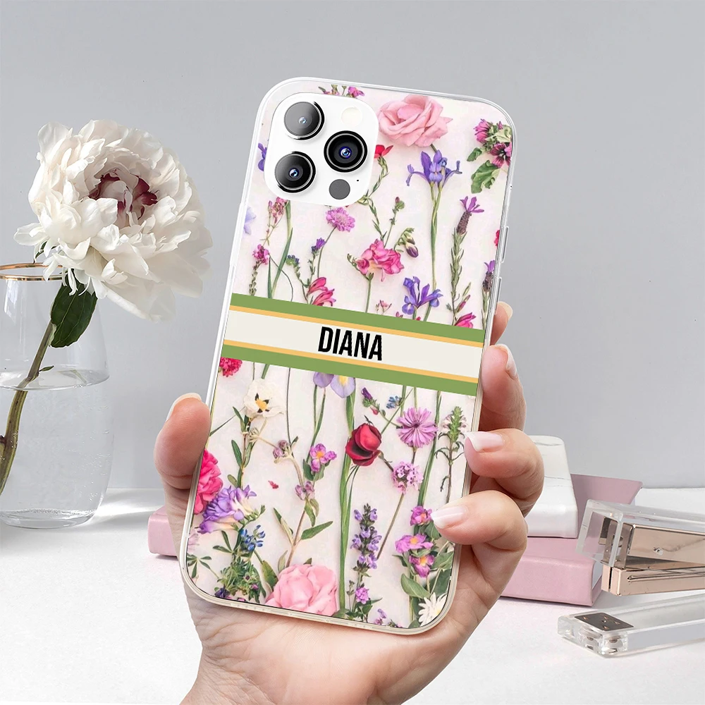 Personalized Name Flowers Cover for iPhone 16 Case 15 14 Plus Funda Girl Friends Gift for iPhone 15 Pro Max 11 12 13 Phone Funda