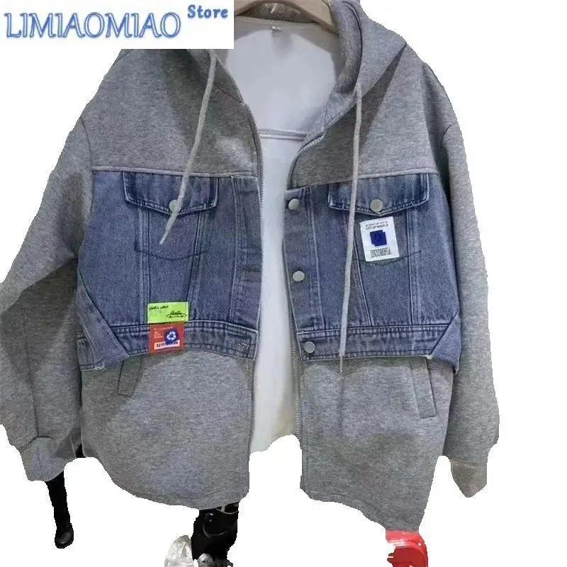 Sweater Denim Stitching Short Coat Female Fashion Spring And Autumn New Retro College Style Long Sleeve Hoodie