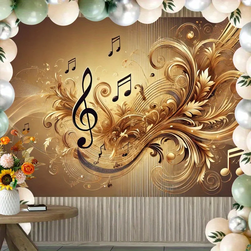 Gold Music Note Tapestry Wall Hanging Elegant Floral Swirl Art Fabric Poster for Living Room Bedroom Home Decor