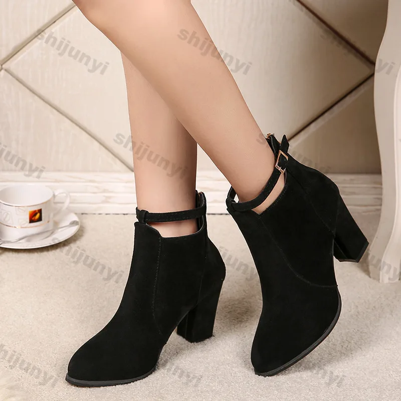 Botines de tacón grueso a la moda para mujer, botines con cremallera trasera de Color sólido, botas cortas cómodas de tacón alto para Otoño e Invierno