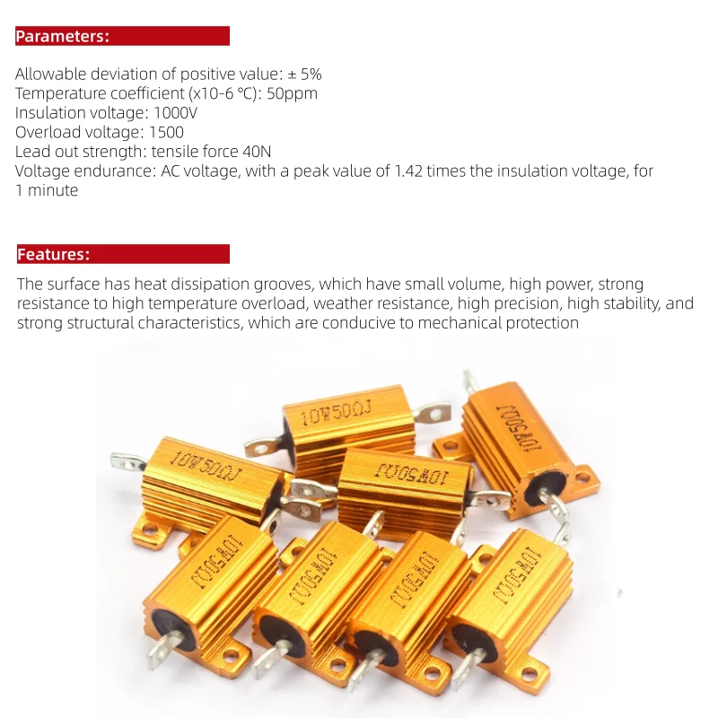 RX24-10W gold aluminum shell high-power resistor 0.1/0.5/50/100 Ω 2K heat dissipation resistor