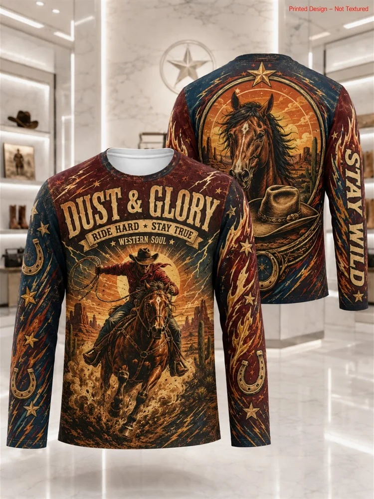 Men's Dust & Glory Western Cowboy Horse Long Sleeve T-Shirt Rodeo Graphic Tee Pullover Tops Gift New Vintage Horseshoe