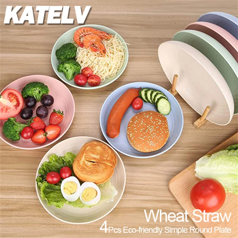 

4Pcs Dinner Plate Set Wheat Straw Eco Friendly BPA Free Biodegradable Picnic Fruit Snack Plate Bone Dishes Kitchen Accessories