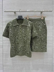 Luxury green sequin embroidered lapel short sleeved single breasted shirt and skirt two-piece set for women's new clothing