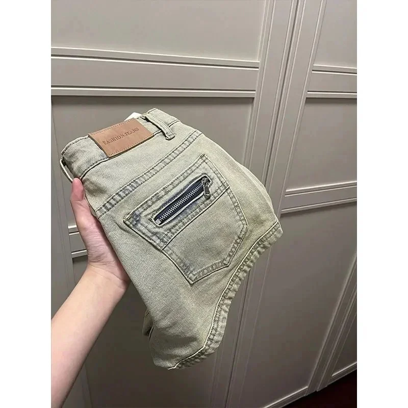 Vintage Design Pocket Zipper Denim Shorts Women High Waist Spicy Girl A-line Straight Tube Pants Summer New Slimming Hot Pants