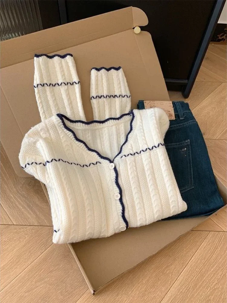 Contrast Color Striped Knitted Cardigan Women Autumn Winter Lazy V Neck Long Sleeve Sweater Simple Versatile Base Tops