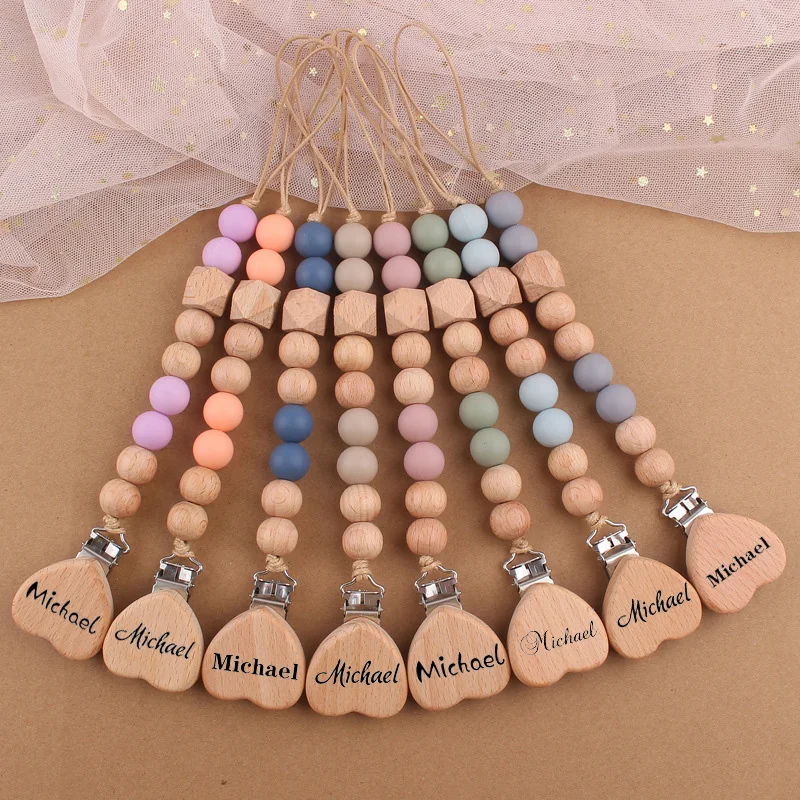 Klip dot bayi kustom, klip empeng silikon Bead puting, nama khusus, penjepit dot kayu ukiran, hadiah baru lahir