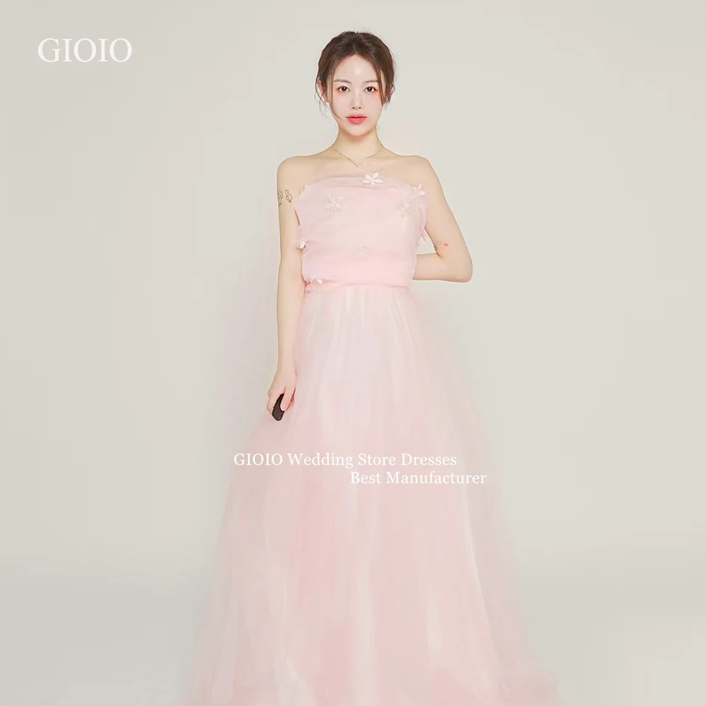 

GIOIO Light Pink Strapless Tulle Evening Dress Floral Embellished Ball Gown Sweet Elegant Formal Dress Customized Korean Photo