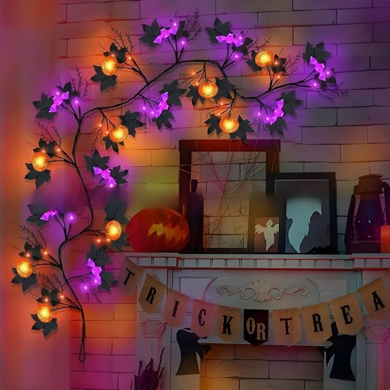 Halloween Pumpkin Bat LED Rattan Lights Indoor Ambient Decoration Lamp for Balcony Living Room Holiday Festival Ornament