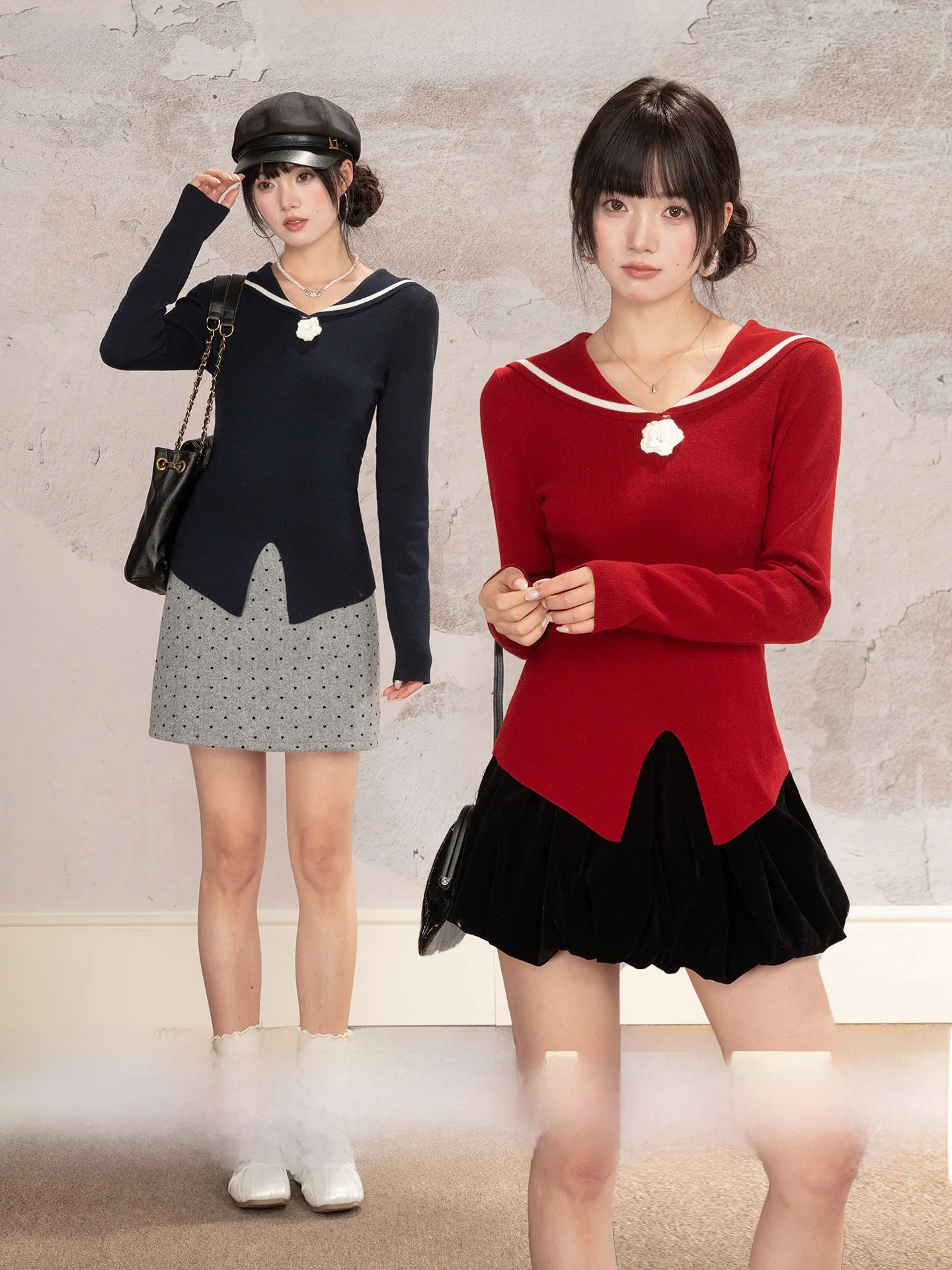 

Loveheynew Red Sailor Collar Knitted Sweater Women's Winter New Christmas Atmosphere Top Split Hem Long Sleeve Fashionable