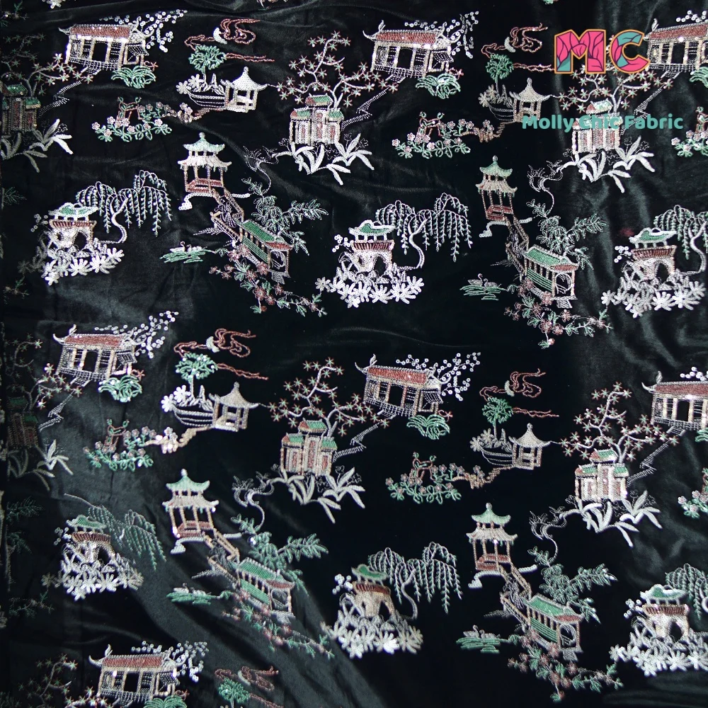 

New high-end embroidery Chinese style velvet four sided elastic embroidery sewing children's clothing new Chinese qipao fabric