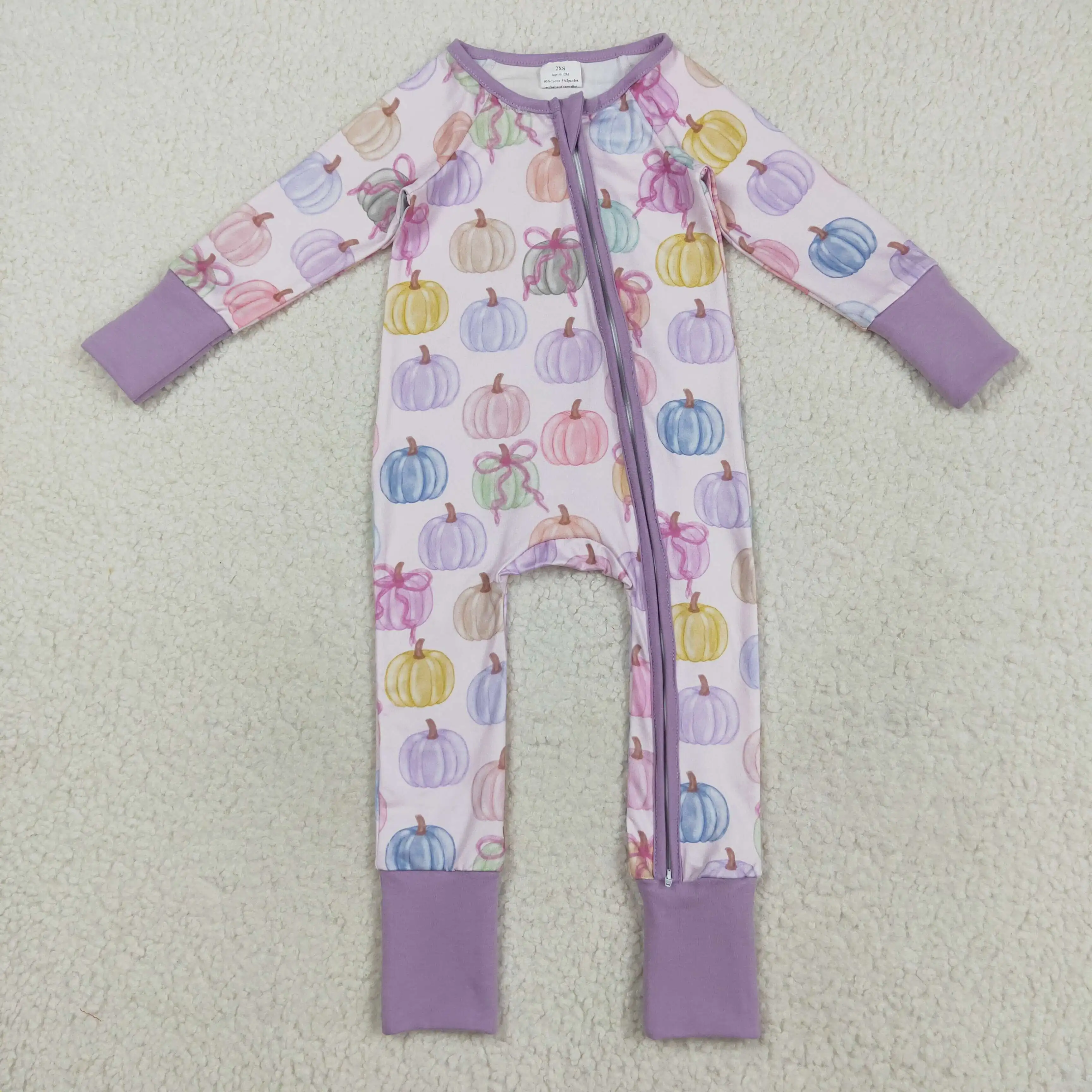 

9.22 Wholesale Autumn hot sale western boutique onesies Baby Girls Colorful Bows Pumpkins Fall Zipper Footie Rompers