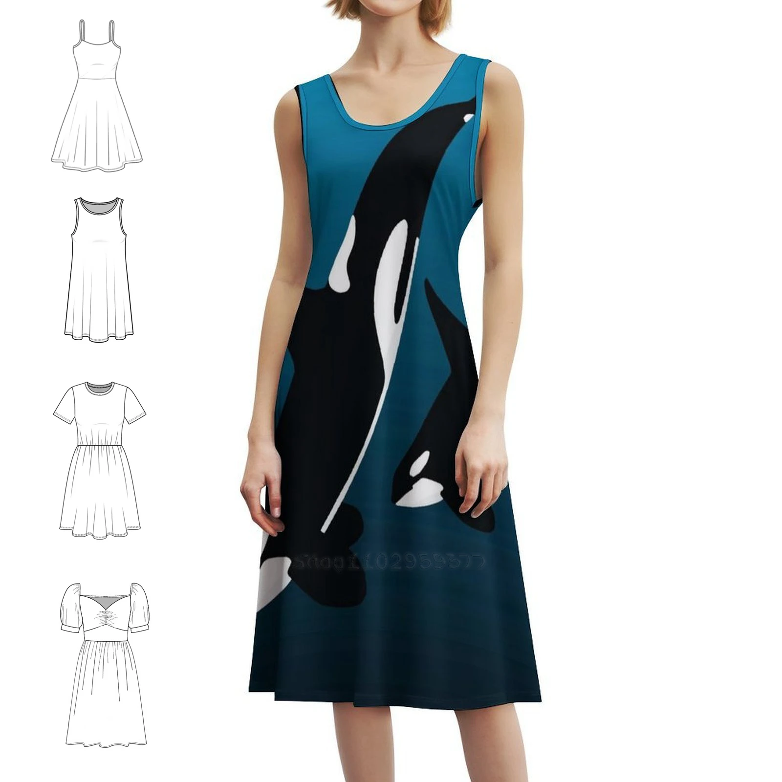 

Mother And Child Black-Orca Vintage Bohemian Dress Puff Sleeve Or Sleeveless Options For Women Dress Orca Whale Killer Mother