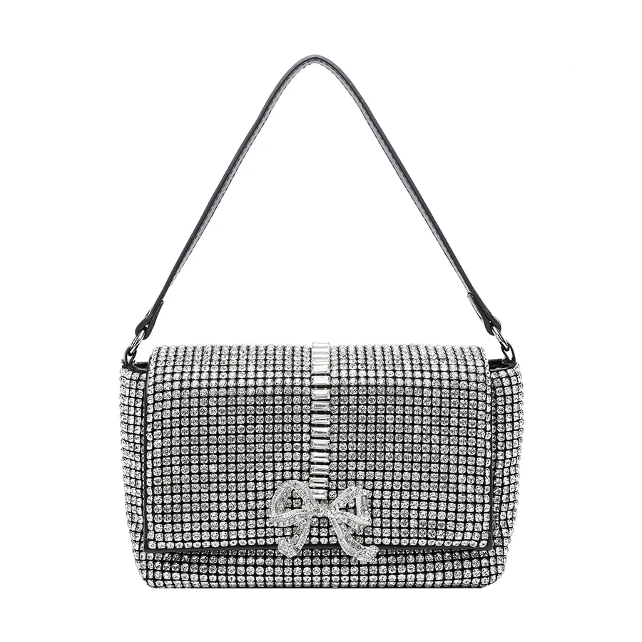 

Glitter Metal Bow Knot Clutch Purse For Wedding Party Women Flip Handbag Crystal Rhinestones Evening Bag Chains Shoulder Bag Sac