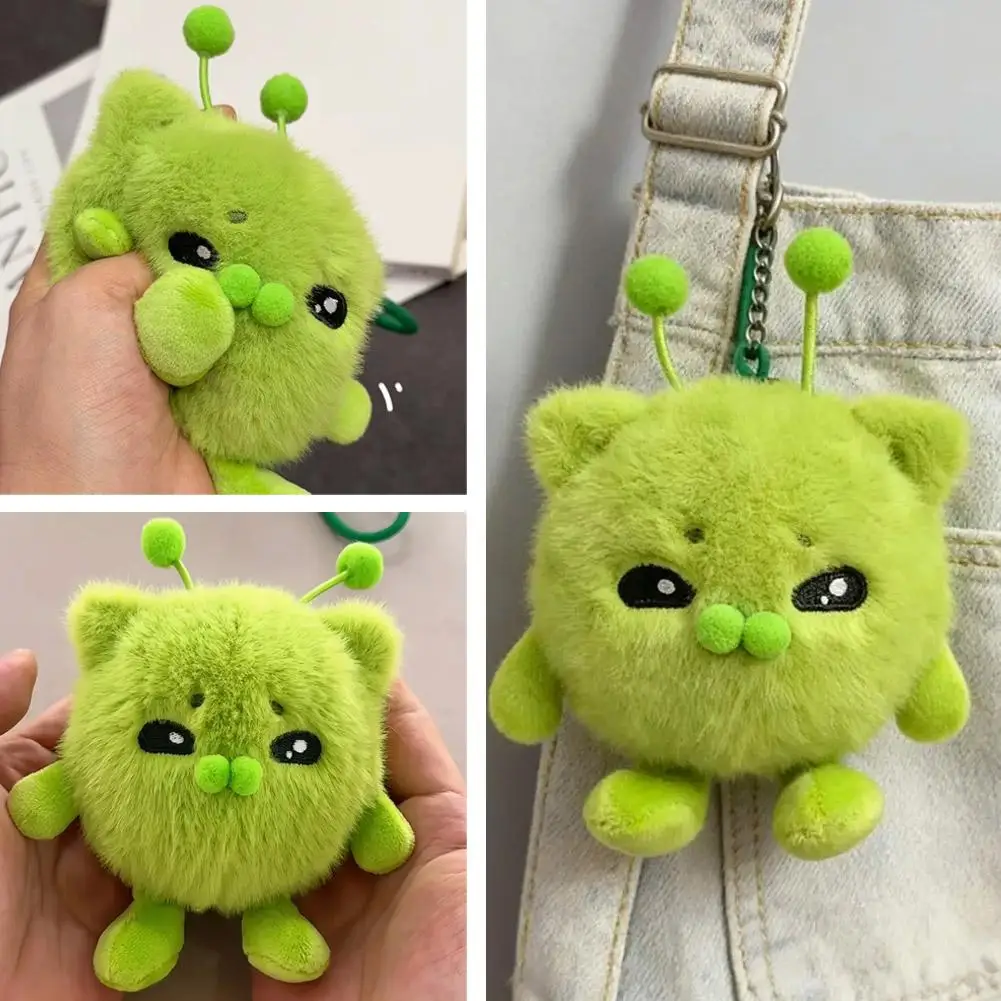 Cute Green Alien Cat Keychain Kawaii Soft Bag Charm Pendant Funny Plushie Toy Stress Relief Ornament Gift