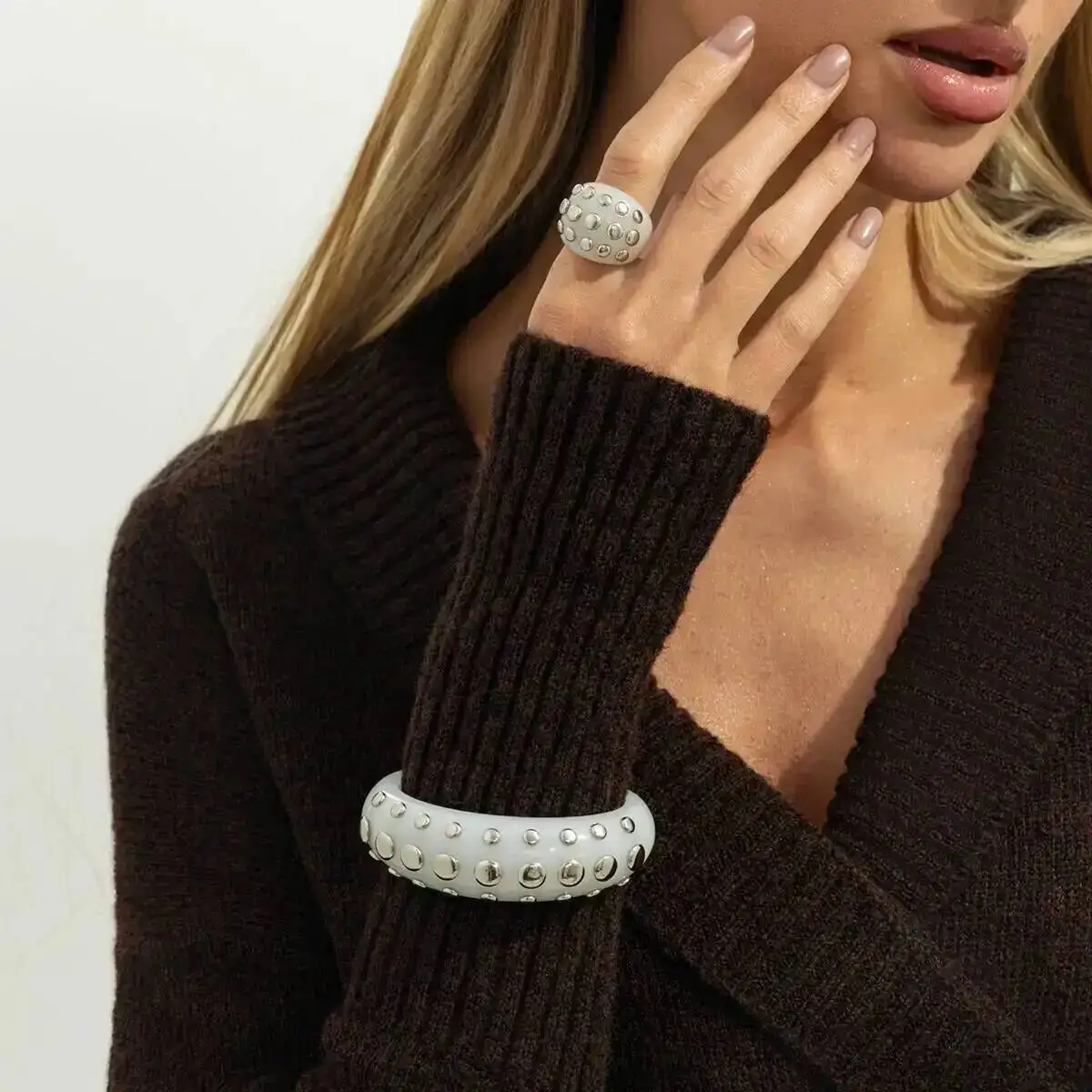 Lacteo Punk Retro Stackable Wide Resin Bangle Ring for Women Creative Rivet Rhinestone Chunky Bracelet Grunge Jewelry Steampunk