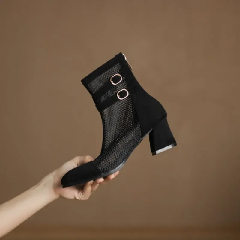 

Летние ботинки, женская обувь, женские резиновые сандалии на молнии до щиколотки, 2025 г., женские средние сандалии большого размера на каблуке-копыте из флока в стиле ретро с квадратным носком 37