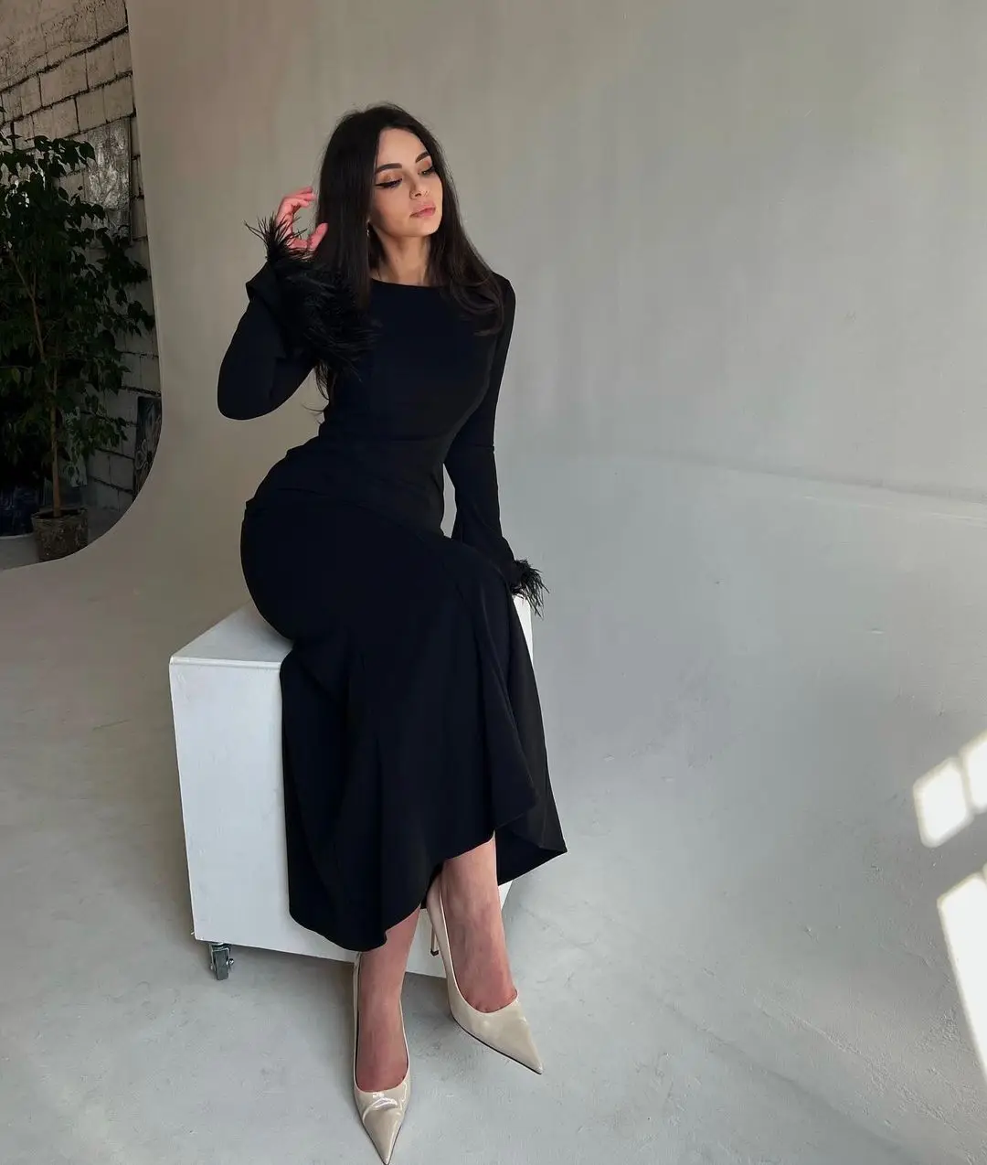 Elegant Women Dress Party Slim Fit Long Dresses Full Sleeve Sexy Tight Waist Vestidos Muslim Vestidos Feather Splice Summer