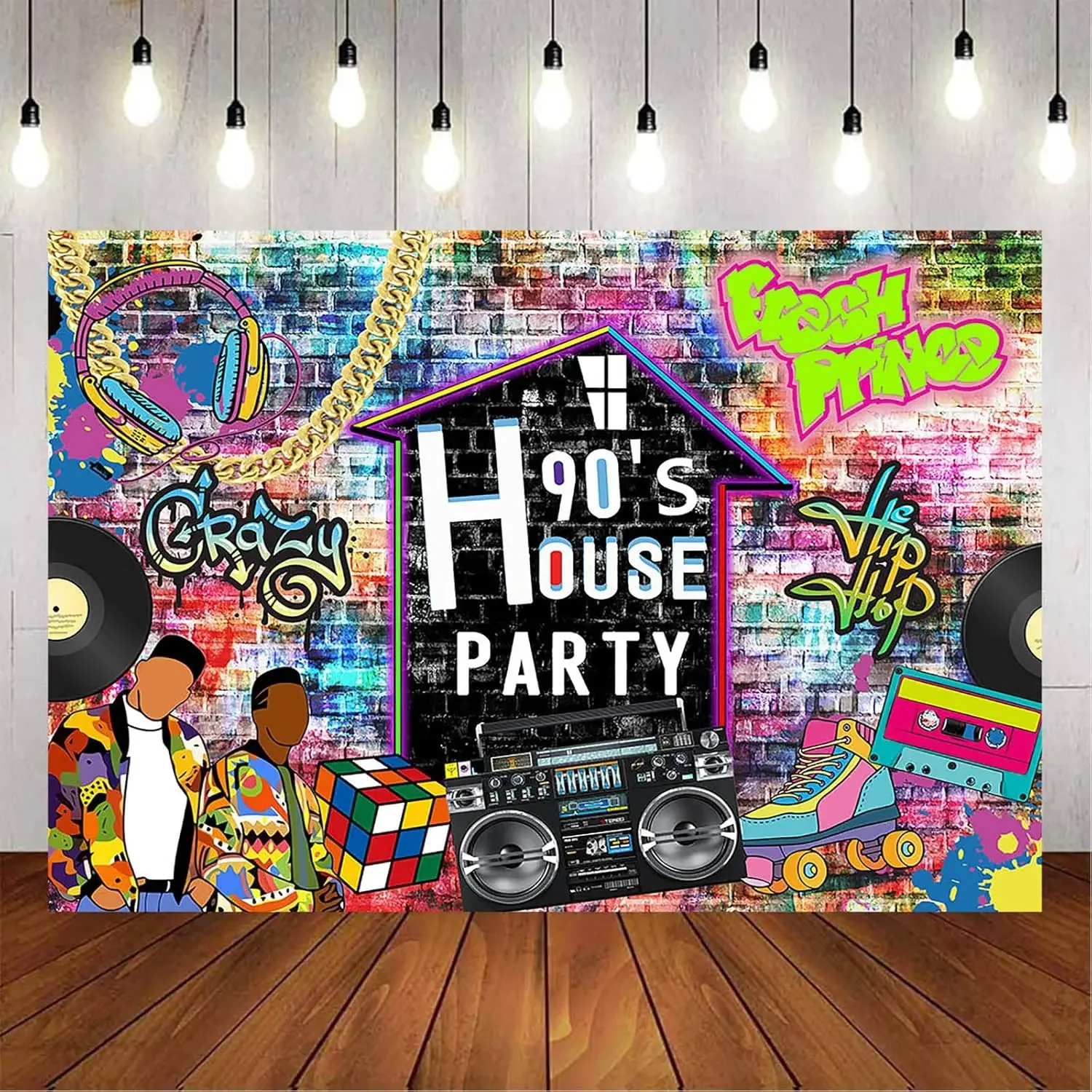 90's House Party Backdrop Hip Pop Graffiti Wall Retro Radio Roller Skates Prince 90 Theme photo background photography backdrop