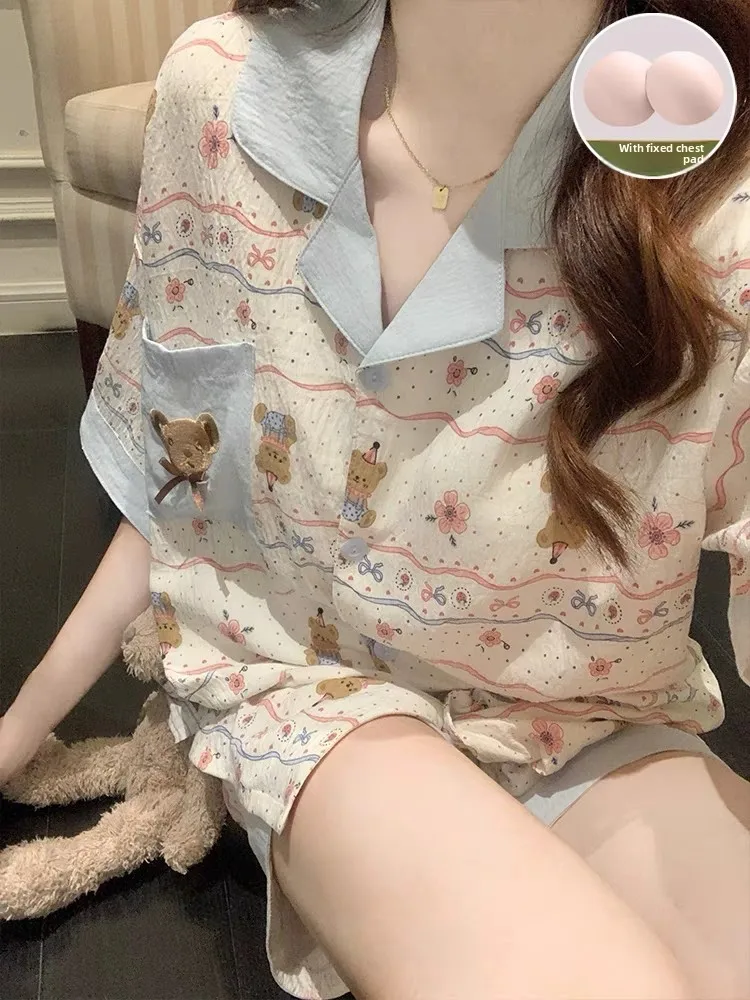 

Women's Summer Sleepwear Set with Chest Pad Short Sleeve Cartoon Bear Print Cloud Cotton Home Clothes Suitable for Outdoor
