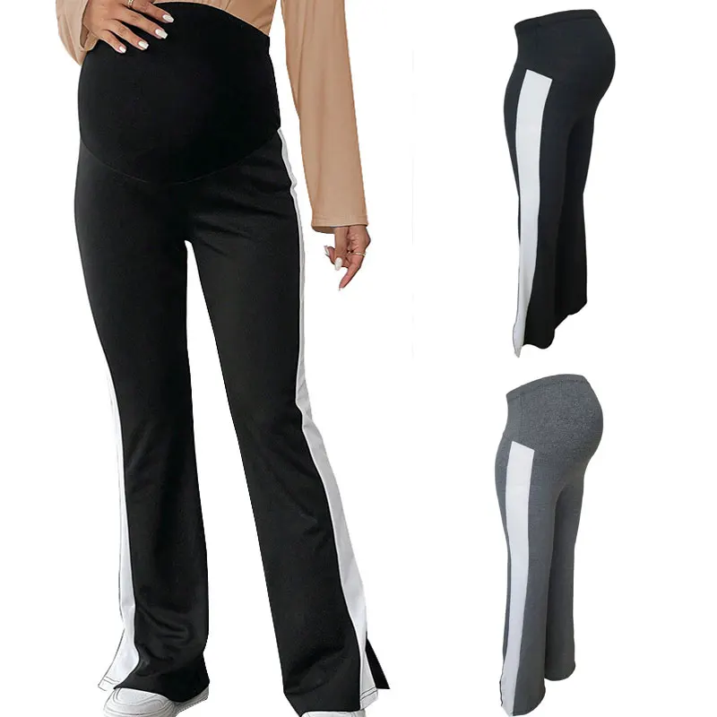 

New Maternity Black Wide-leg Pants Color Matching Split-ended Women's High-waisted Casual Maternity Trousers Maternity Clothes