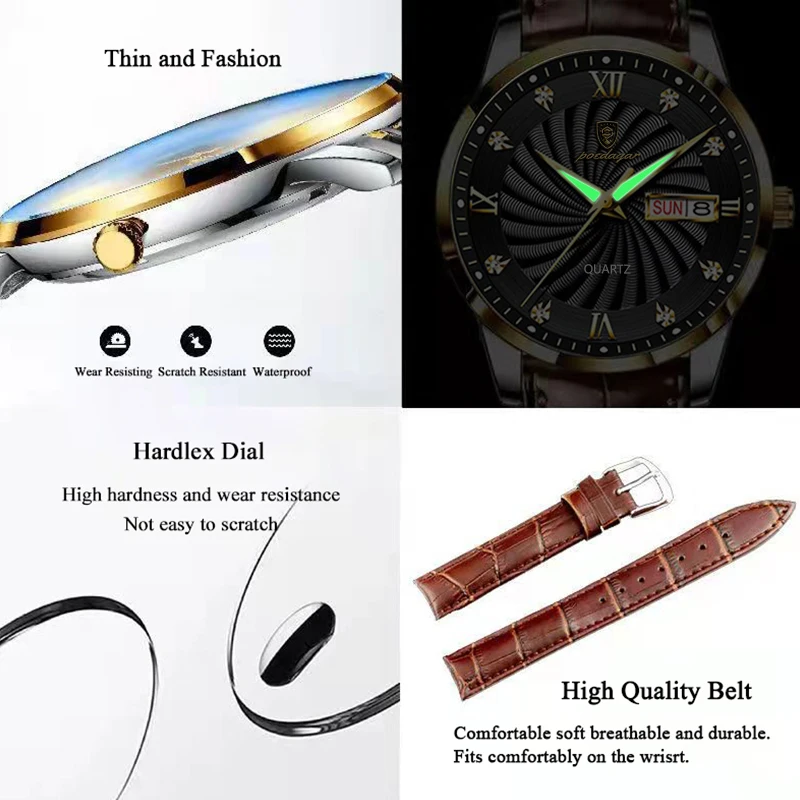 POEDAGAR-Reloj de pulsera de cuarzo para hombre, cronógrafo de negocios, resistente al agua, deportivo, informal, con correa de cuero genuino,