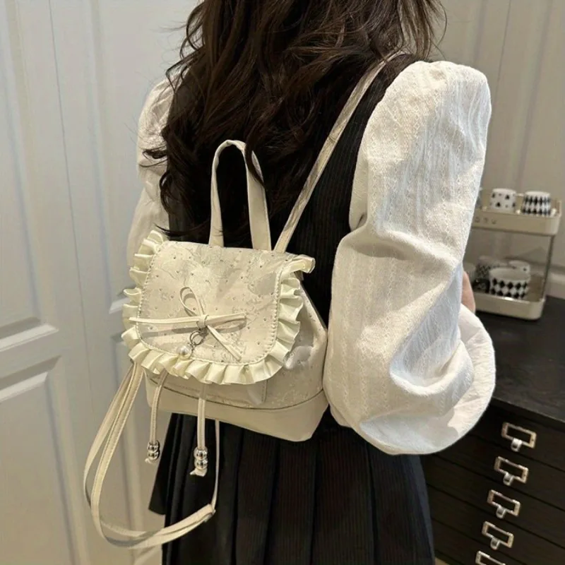 Korean-style Fashionable Girl Handbag, New Lace Trim PU Material with Drawstring Closure and Magnetic Snap