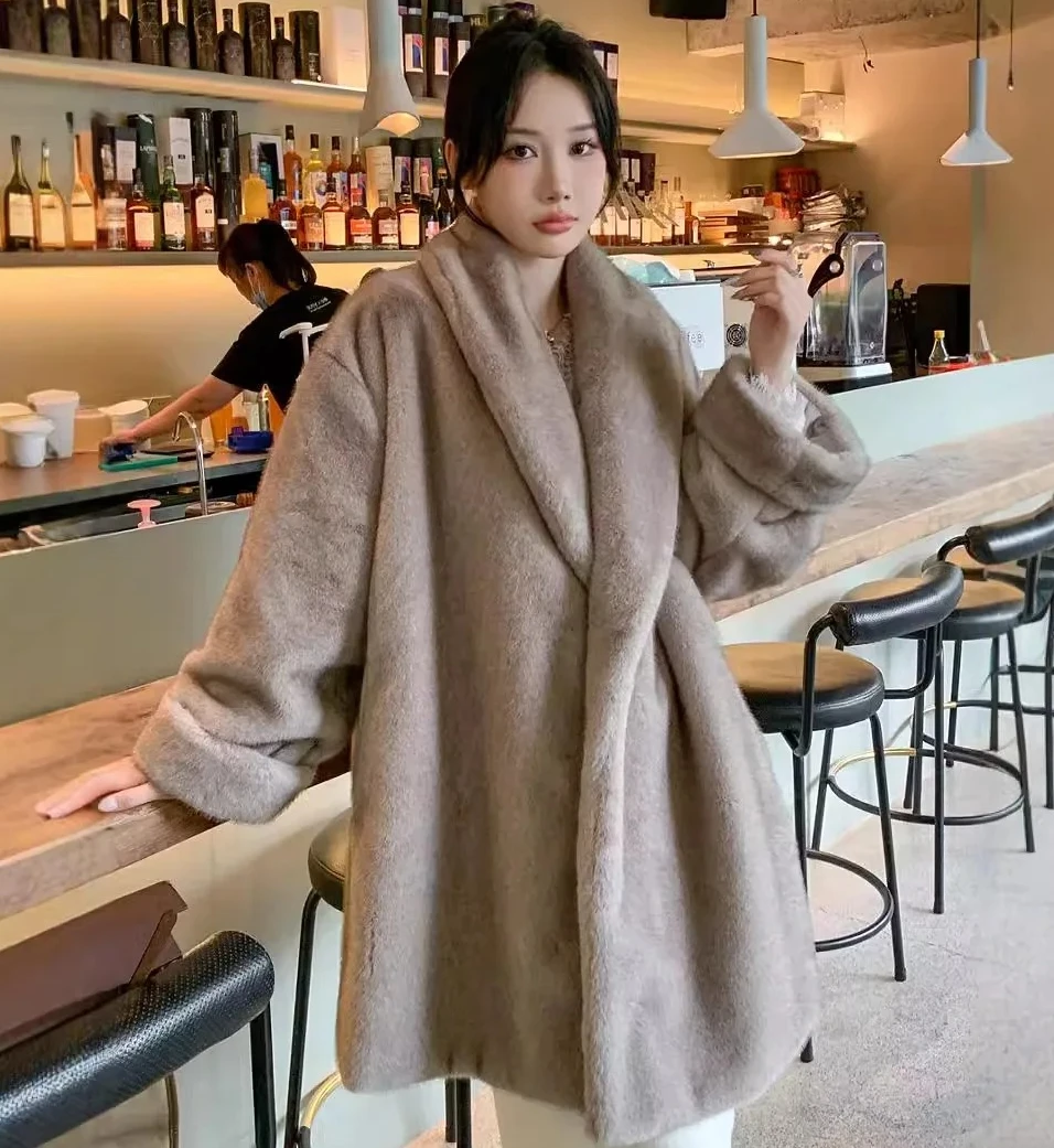 

Autumn Winter 2025 Women Faux Fur Coats Solid Overcoats Turn Down Collar Full Sleeves Open Stitch Thick Loose Casual