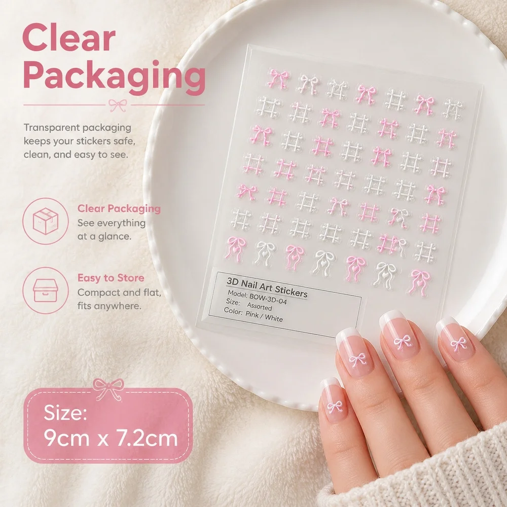 1Pc Romantic Love Heart Nail Decals Raised Pink White Check Mini Ribbon Bow Waterproof Self Stick Valentine Party Nail Sticker