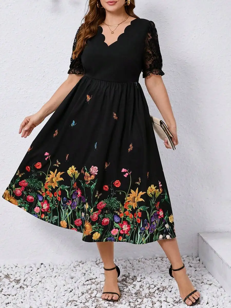 

Black Floral Print A-Line Dress with Lace Puff Sleeves and Scallop Neck