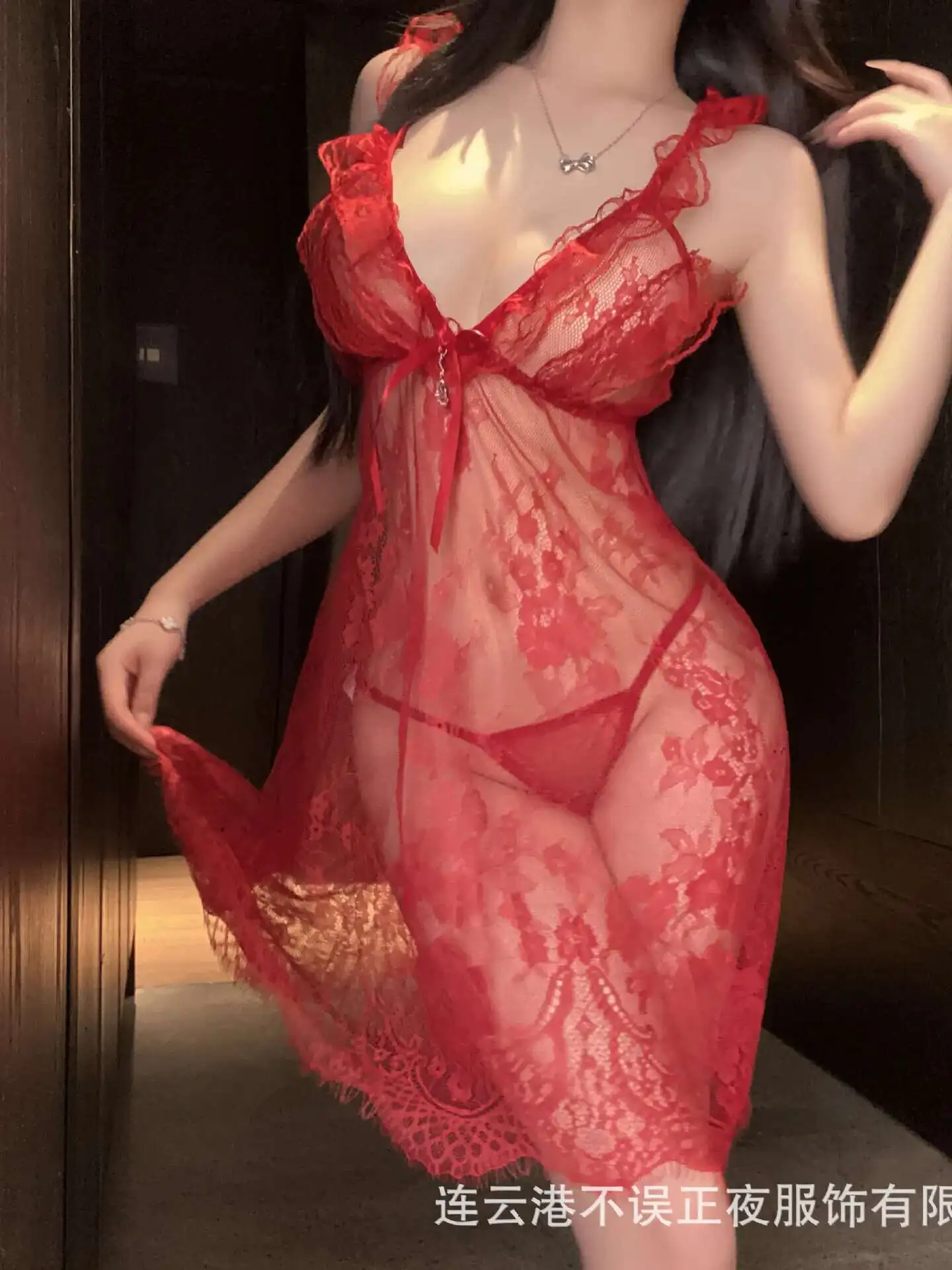 T-shirt a maniche corte Abito con scollo a V Maglia trasparente in pizzo sexy Seduzione Indumenti da notte Puro desiderio Abiti uniformi Abito elegante U2QK