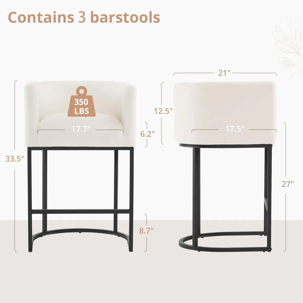 Kursi Bar Tinggi Penghitung 27" H Set Isi 3, Bangku Penghitung Barel Modern dengan Sandaran dan Lengan, Rangka Logam Hitam