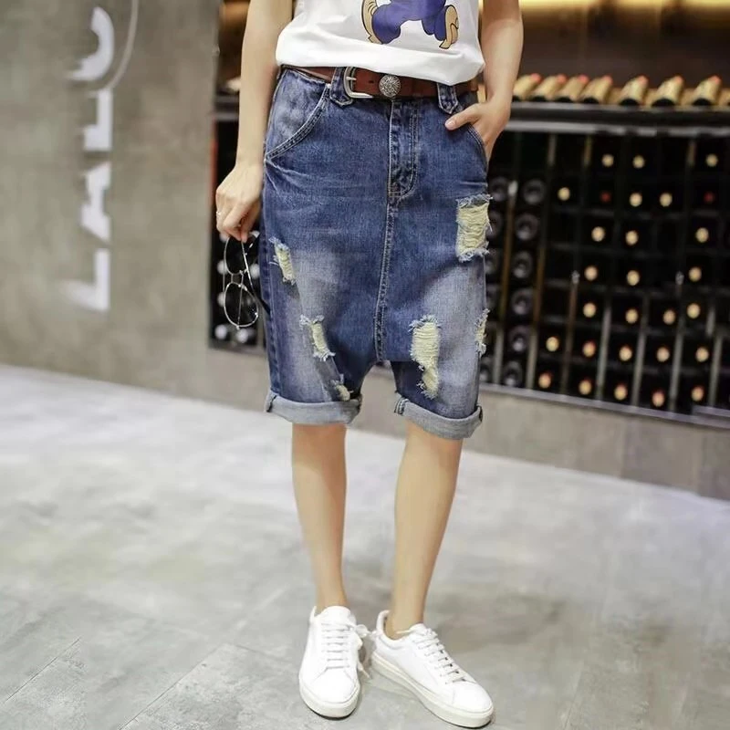 Denim-Shorts für Damen, Sommer, dünn geschnitten, zerrissen, großer Schritt, Haremloose, hängender Schritt, Trend, fünfteilig