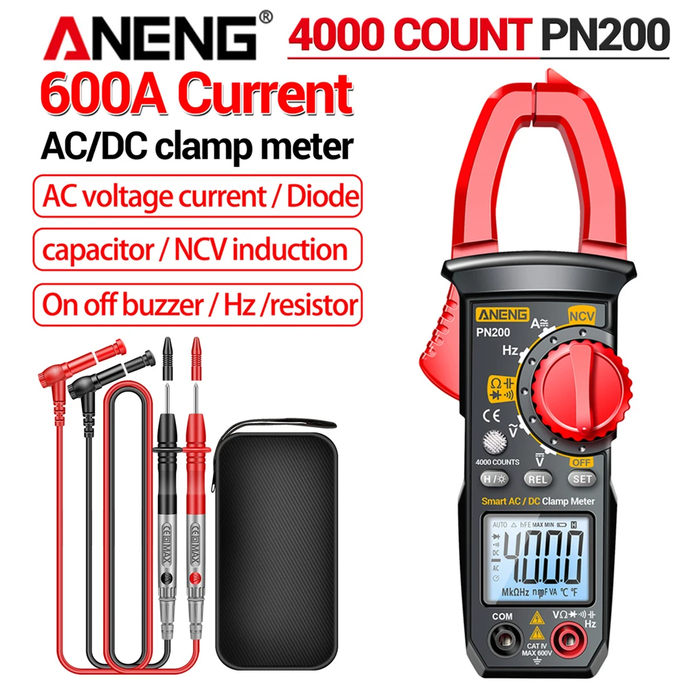 ANENG PN200 Digital Clamp Meter DC/AC 600A Multimeter Ammeter 4000 Counts Car Hz Capacitance LCD Screen with Backlit NCV Ohm Tes