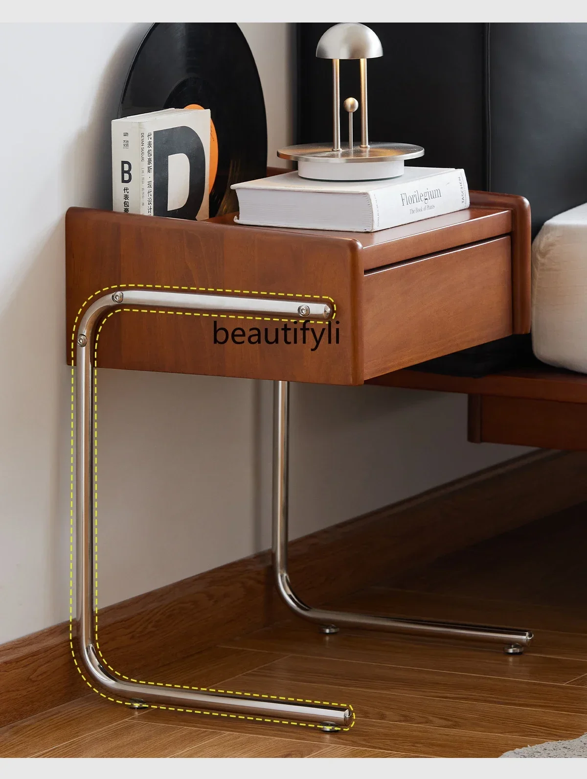 

ss1001 Medieval bedside table solid wood bedroom side cabinet simple suspension stainless steel retro living room side few