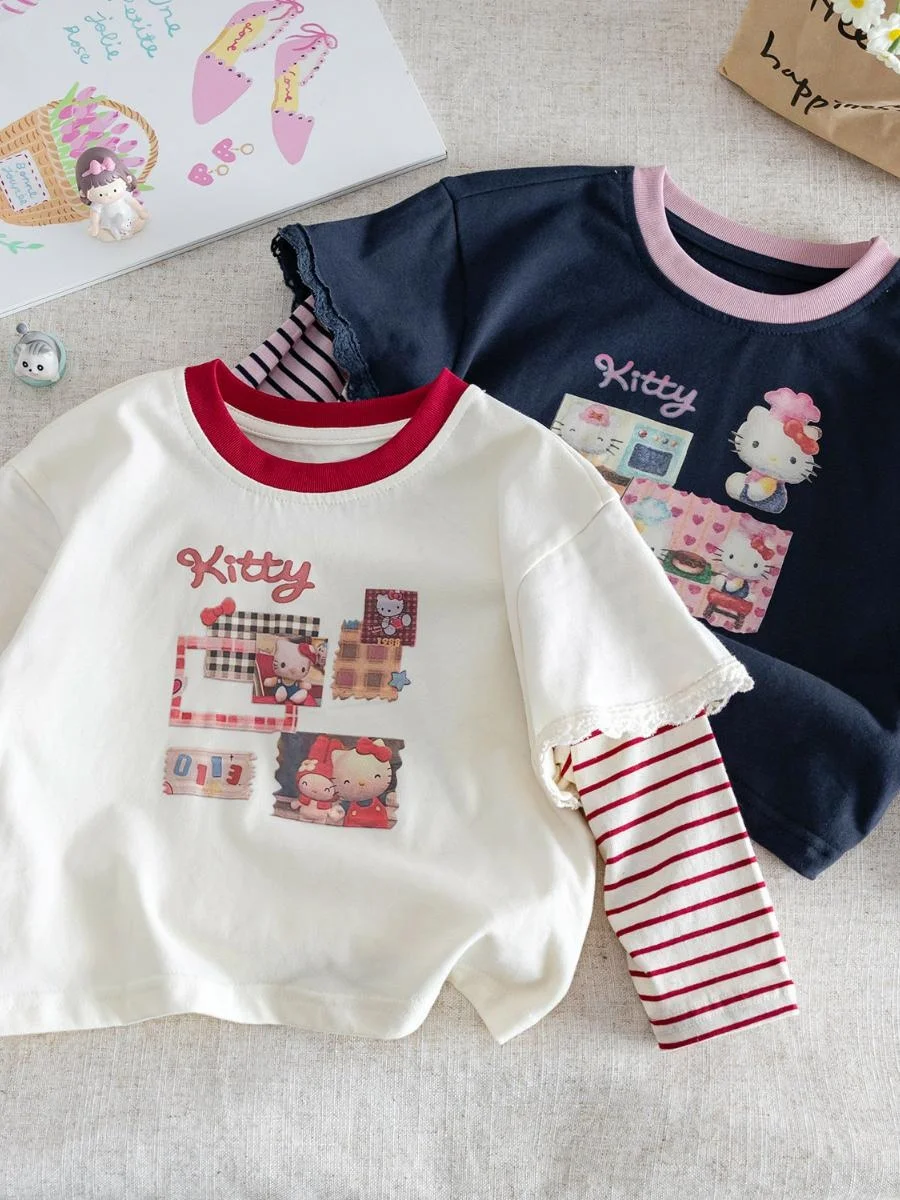 

Girls Long Sve T-irt Casual Patchwork Base irt Baby Autumn Season Faionable Children's Clothing Two-Piece Look