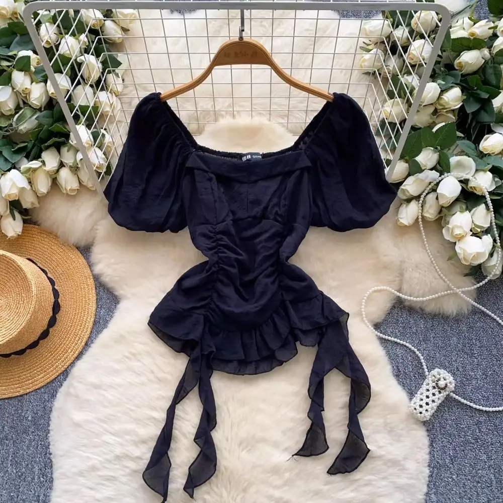 Cute Pleated Tie Strap Dopamine Puff Sleeve Blouse Casual Y2K Women Ruffle Top Lightweight Tops Daily