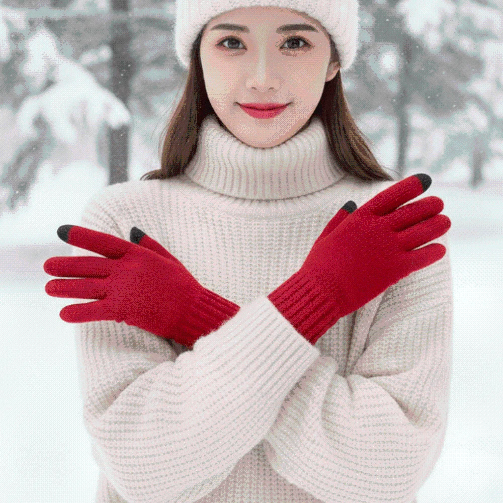 Leather Patch Touchscreen Gloves Solid Color Knitted Wool Winter Knit Mittens Thick Lining High Quality Woolen Warm Gloves