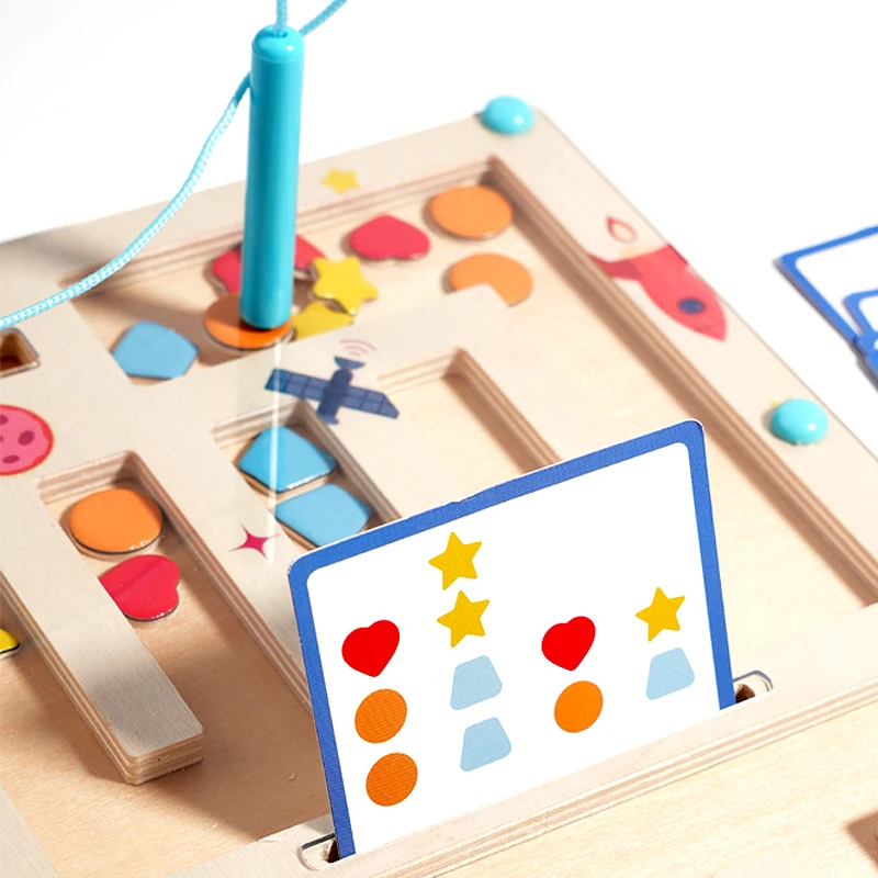 Drewniany kształt koloru labirynt magnetyczny sortowanie magnetyczne tablica podróżna Puzzle Montessori zabawka edukacyjna nauka dla wieku 3+ mała motoryka