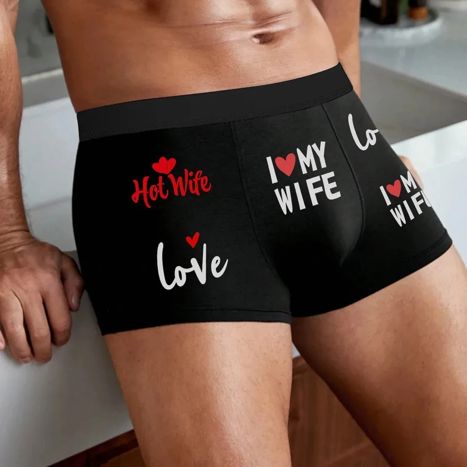 Mens Underwear Valentine's Day Letter Print Panties Boxer Briefs Breathable Underpanties with I LOVE MY WIFE Prints Boxer Shorts