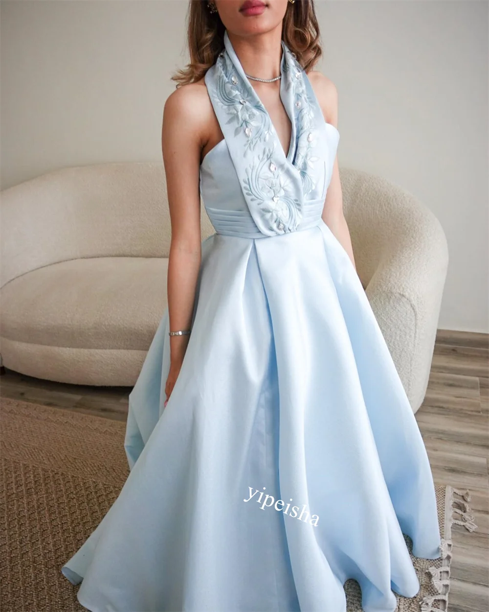 Ball Dress Saudi Arabia Evening Satin Sequined Flower Draped Beach A-line Halter Bespoke Occasion Gown Long Dresses