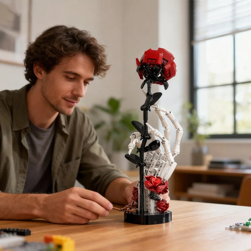Gothic Skeleton Hand with Rose Building Blocks Macabre Valentines Gift for Adult DIY Dark Romance Decor Bricks Collect Toy