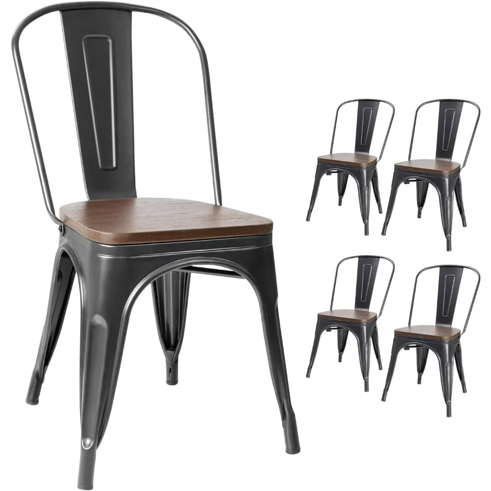 Furniwell 4 Pcs Black Metal Dining Chairs Wood Seat Stackable Industrial Tolix Chair For Indoor Outdoor Kitchen Bistro Cafe