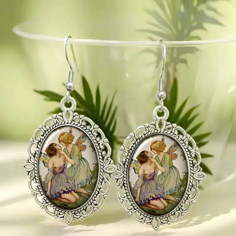 Fairy Style Oval Forest Themed Dome Glass Dangle Earrings with Two Winged Fairies for Women Fantasy Fairy Jewelry Gifts